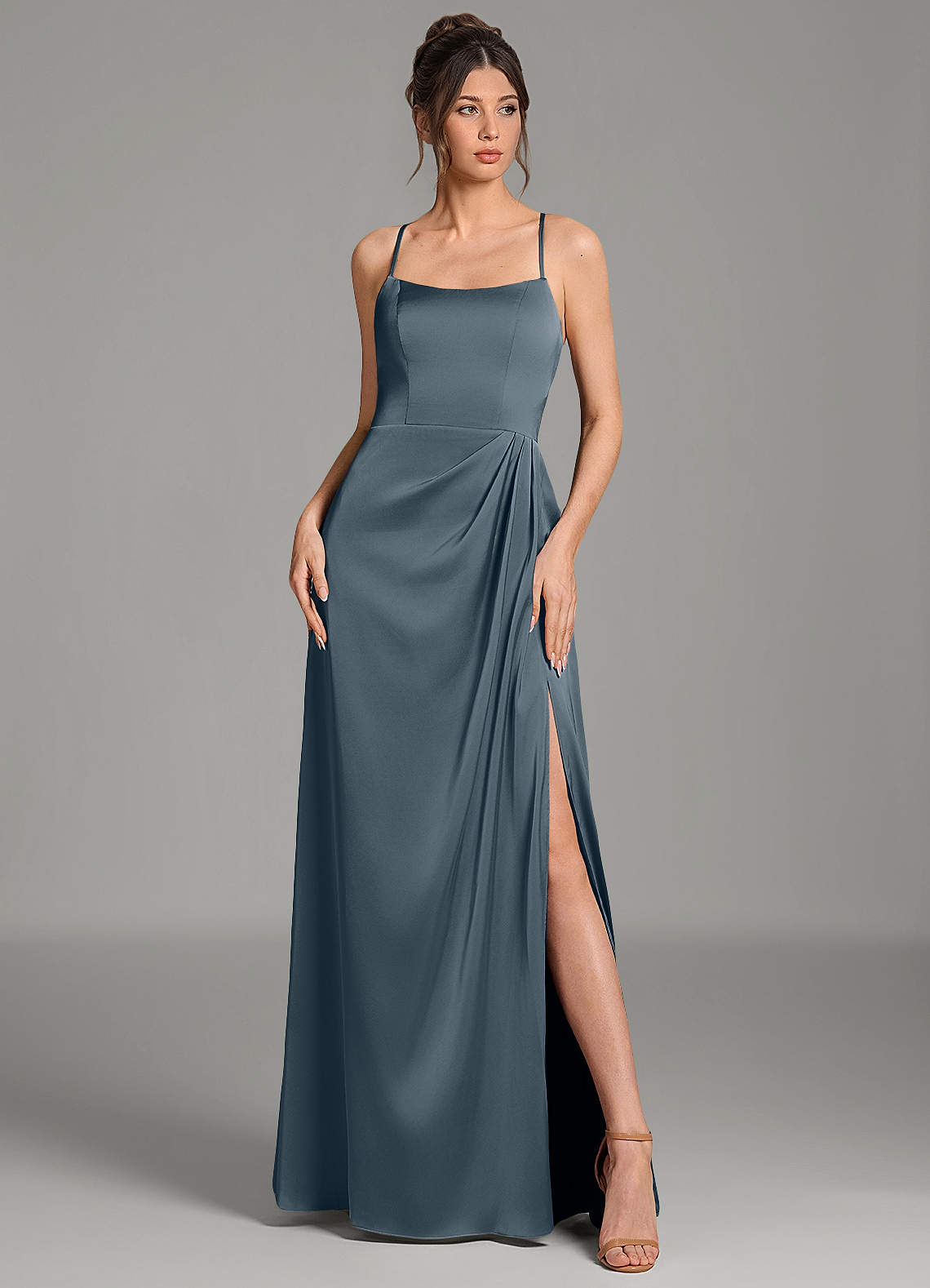 Frankie A-Line Scoop-Neck Stretch Satin Bridesmaid Dress in Twilight