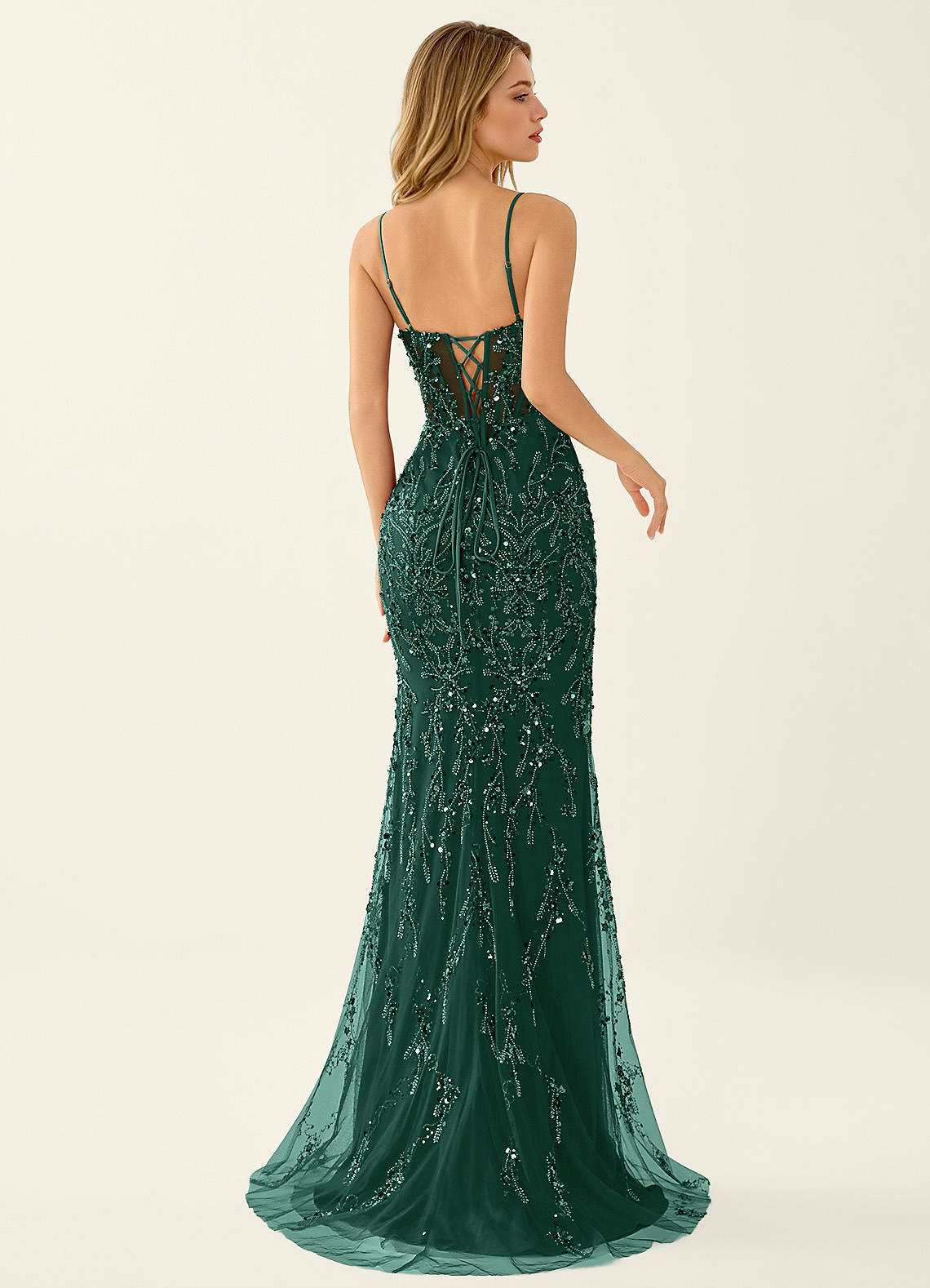 Zivah Mermaid V-Neck Beaded Stretch Mesh Evening Dress in Dark Green