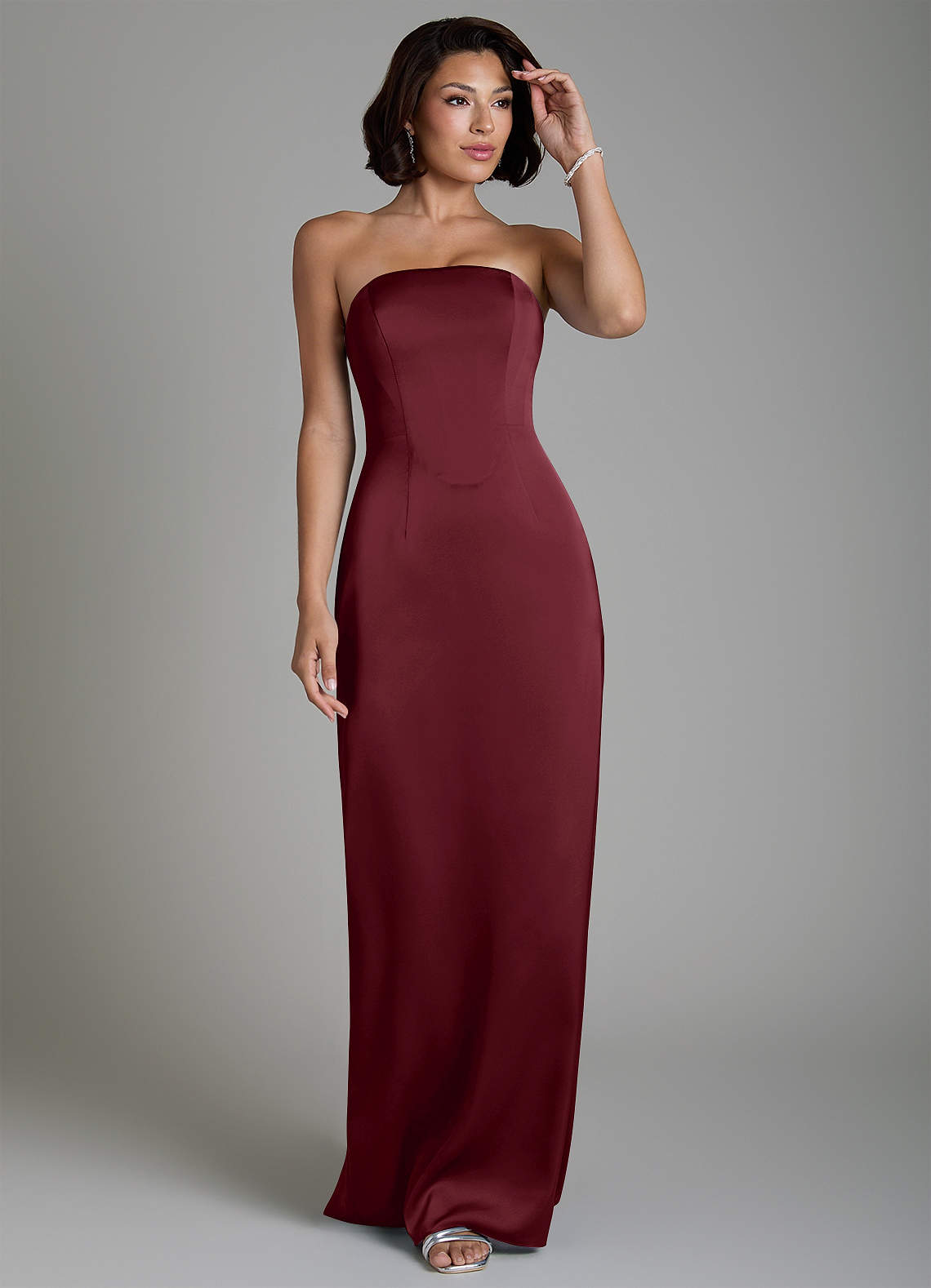 Fallyn Sheath Strapless Stretch Satin Bridesmaid Dress in Cabernet