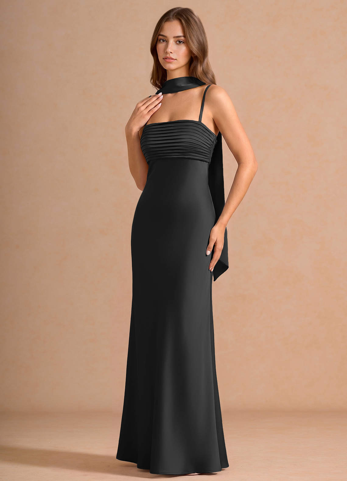 Seraphina A-Line Scarf Stretch Satin Evening Dress in black