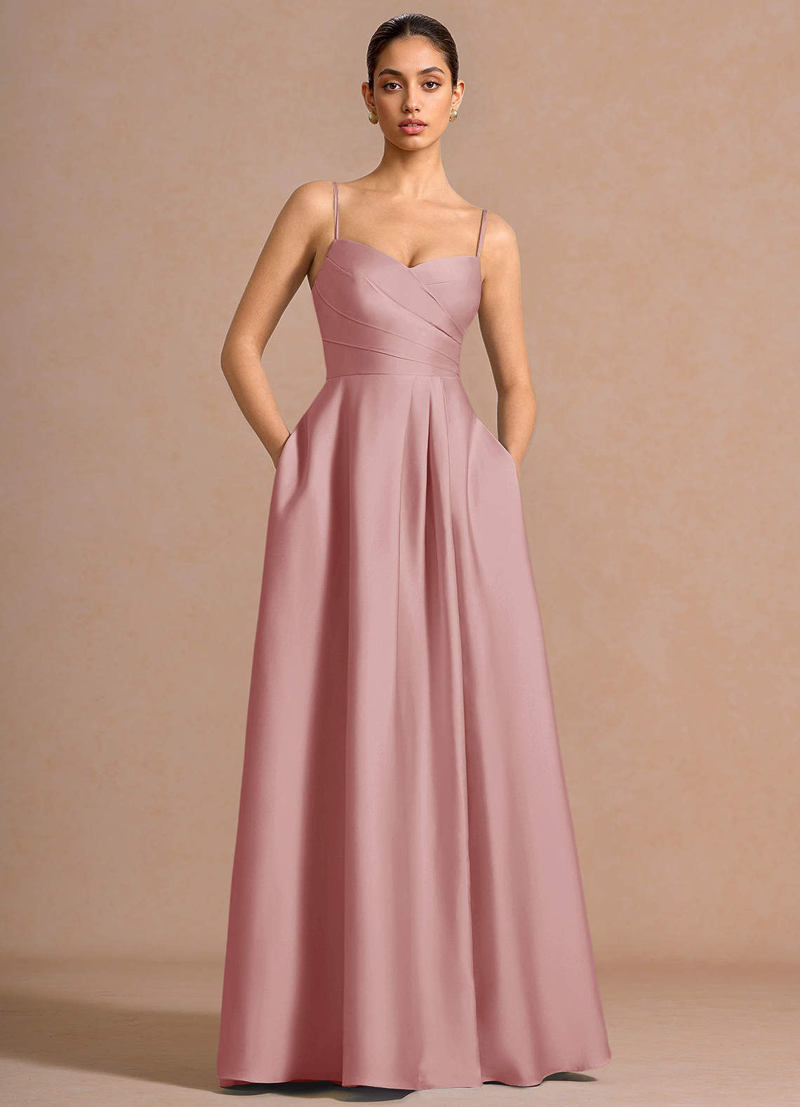 Nancy A-Line V-Neck Stretch Satin and Chiffon Evening Dress in Light Pink