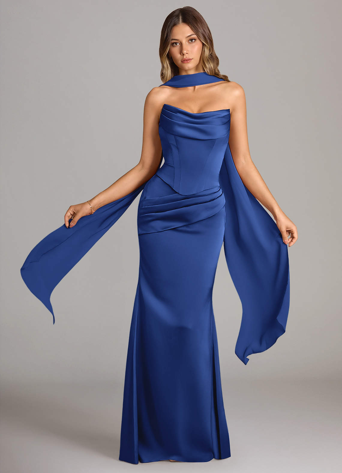 Sorrel Mermaid Cowl-Neck Stretch Satin and Chiffon Bridesmaid Dress in Royal Blue