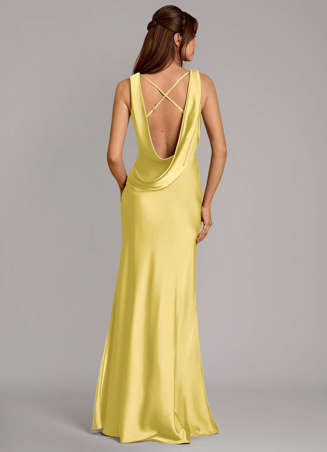 Cheryl Mermaid Cowl-Neck Stretch Satin Bridesmaid Dress in Canary