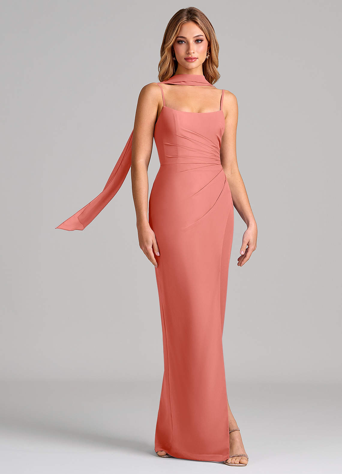 Calandra Sheath Scoop-Neck Chiffon Bridesmaid Dress in Salmon Pink