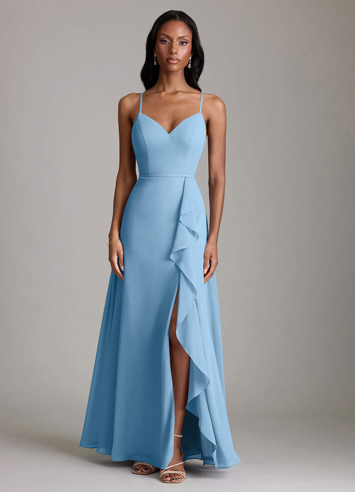 Naeem A-Line V-Neck Chiffon Bridesmaid Dress in Steel Blue