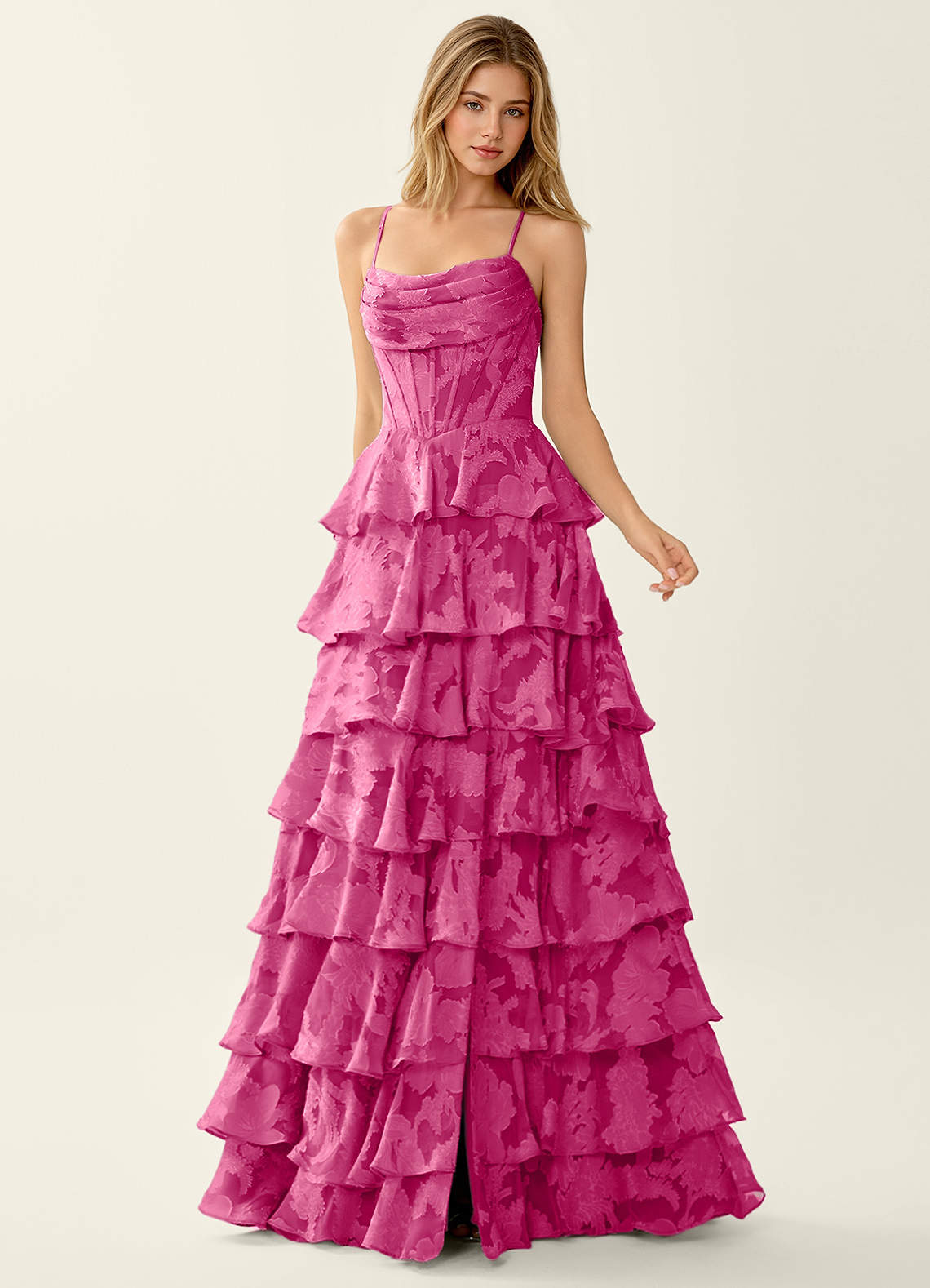 Wrenana A-Line Cowl-Neck Floral Burnout Evening Dress in Fuchsia