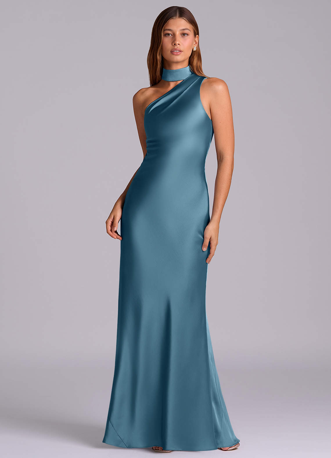 Seona Mermaid One-Shoulder Stretch Satin and Tulle Bridesmaid Dress in Bermuda