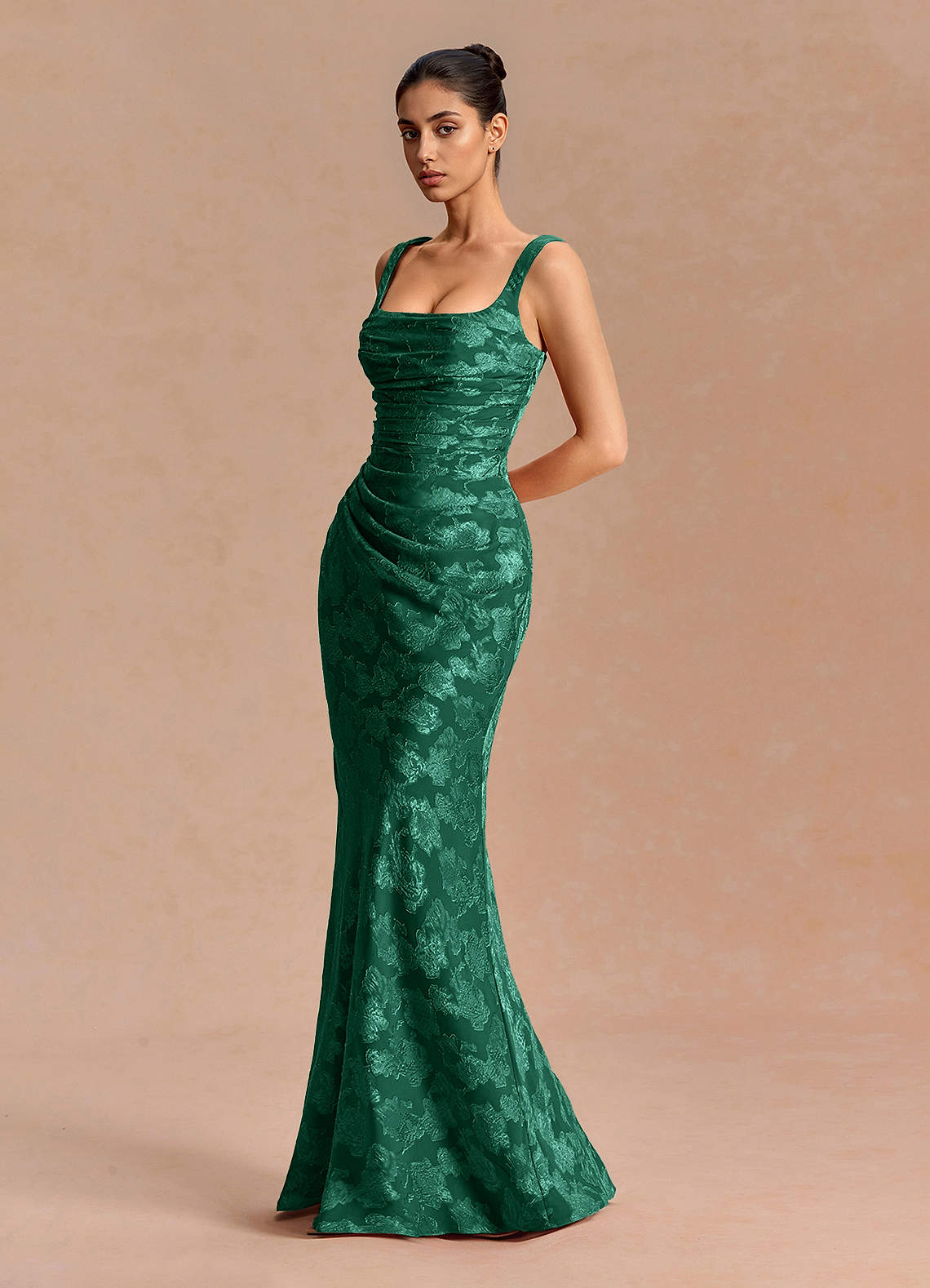 Agustina Square-Neck Pleated Fil Coupé Evening Dress in Hunter Green