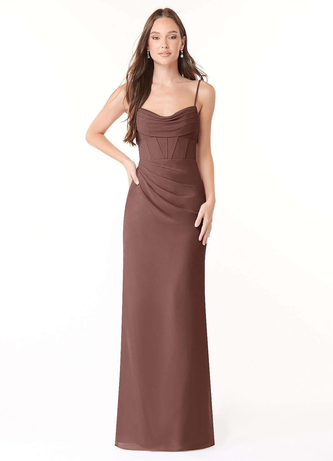 Mai Sheath Cowl-Neck Chiffon Bridesmaid Dress in Espresso