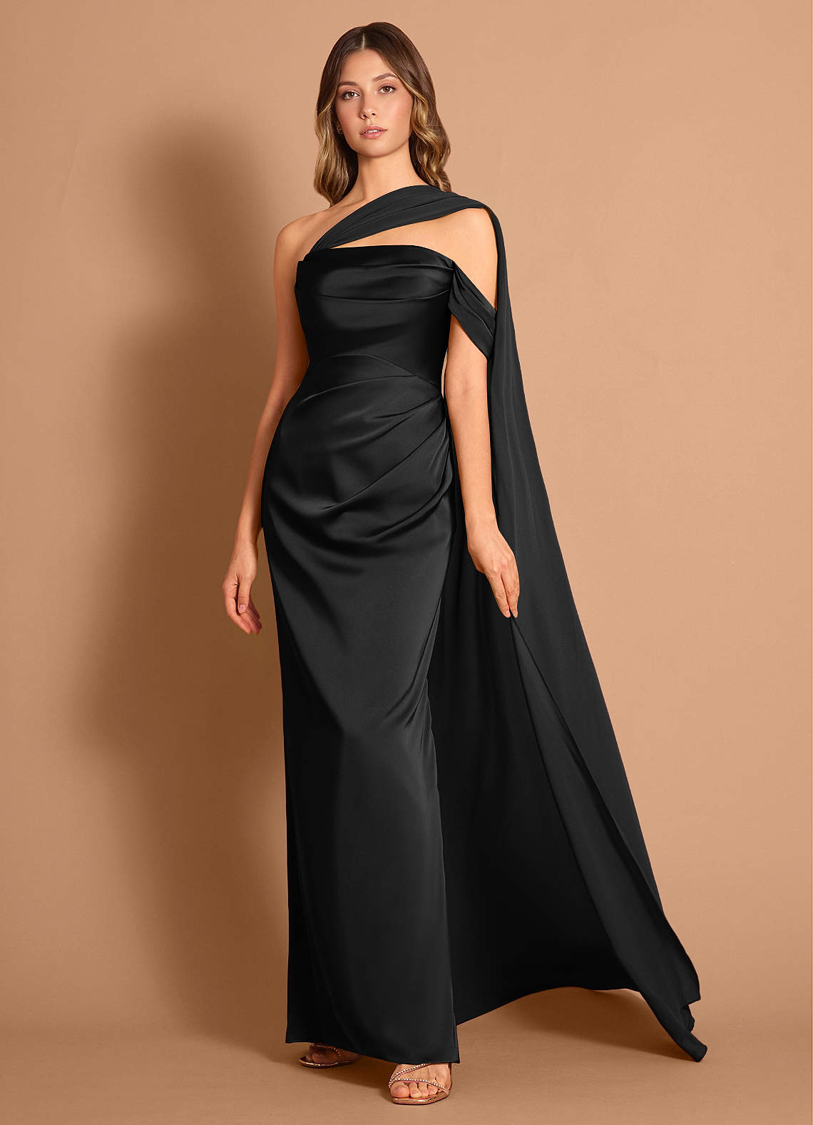 Meliora Asymmetric Strapless Chiffon-Drape Stretch Satin Evening Dress in Haze Pink