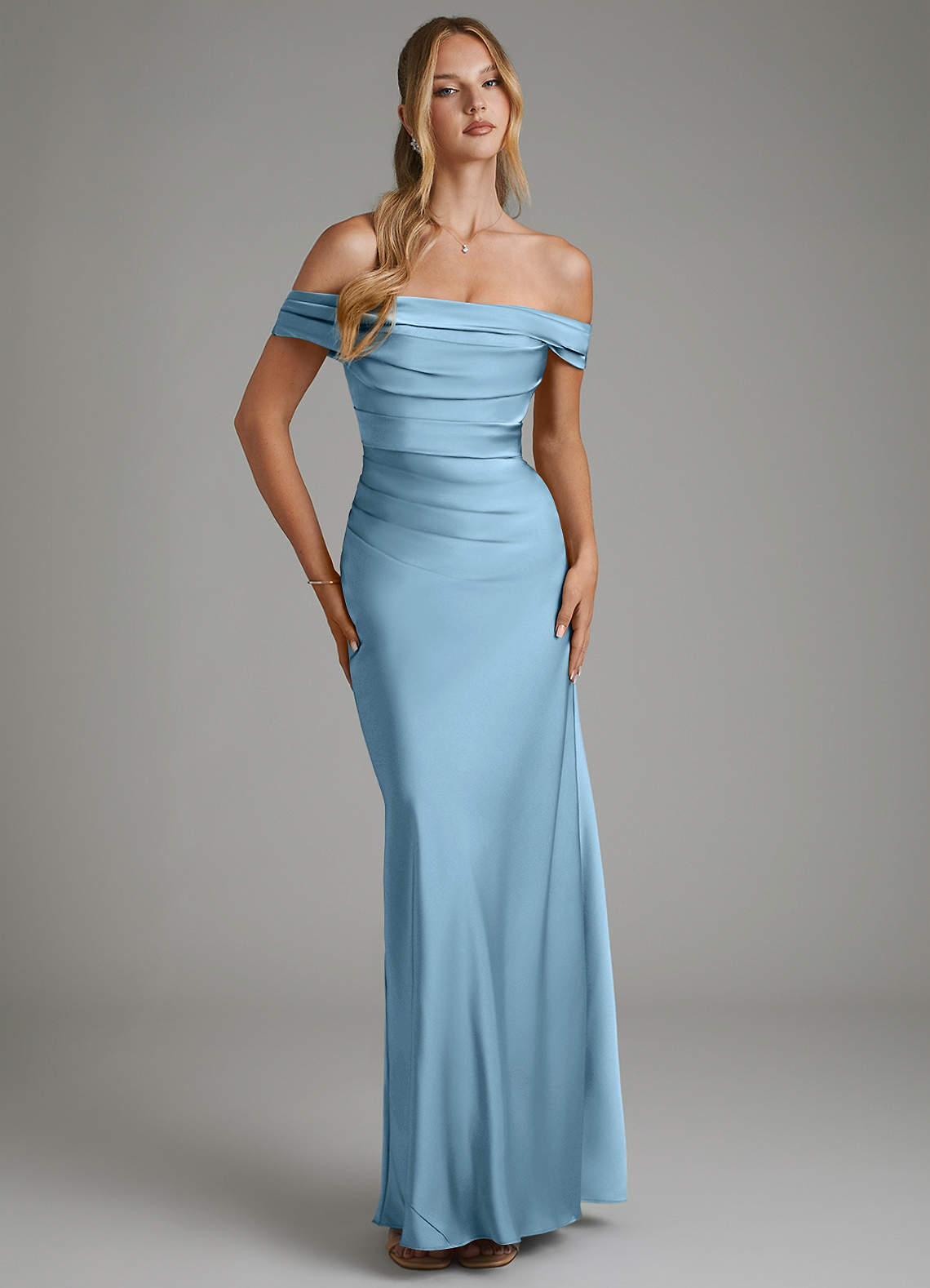 Hayden Mermaid Off-the-Shoulder Stretch Satin Bridesmaid Dress in Steel Blue