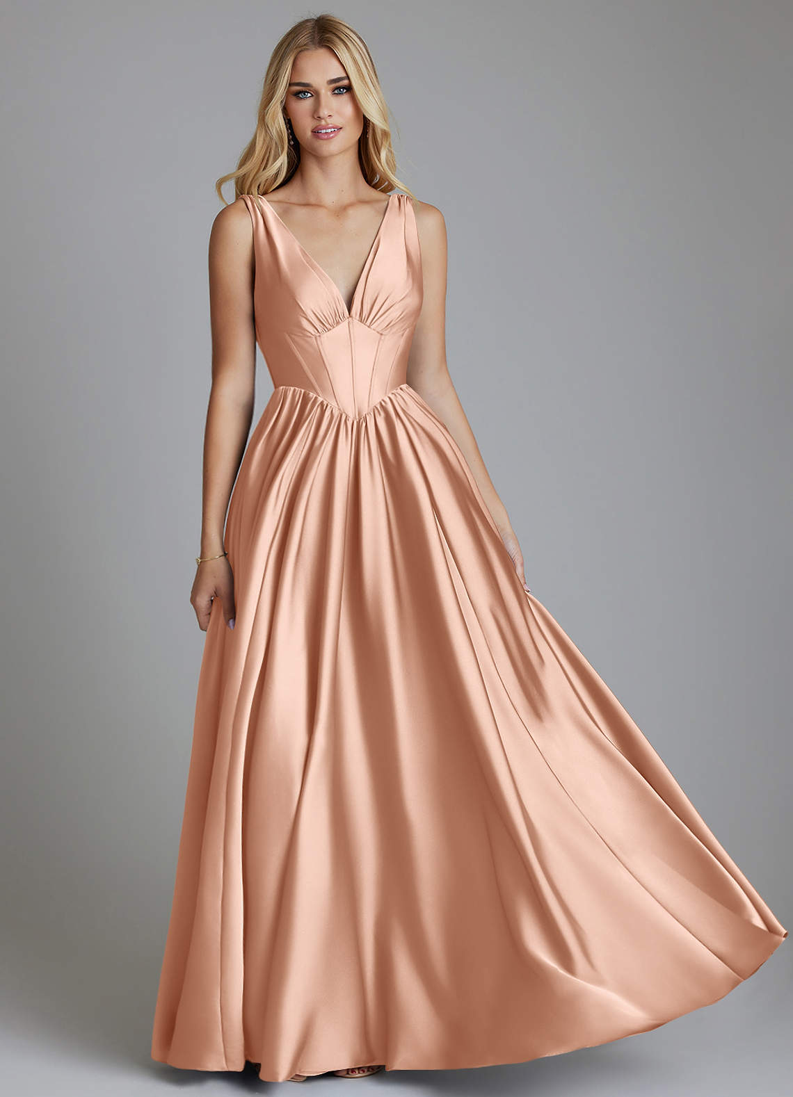 Delmie A-Line V-Neck Stretch Satin Bridesmaid Dress in rose gold