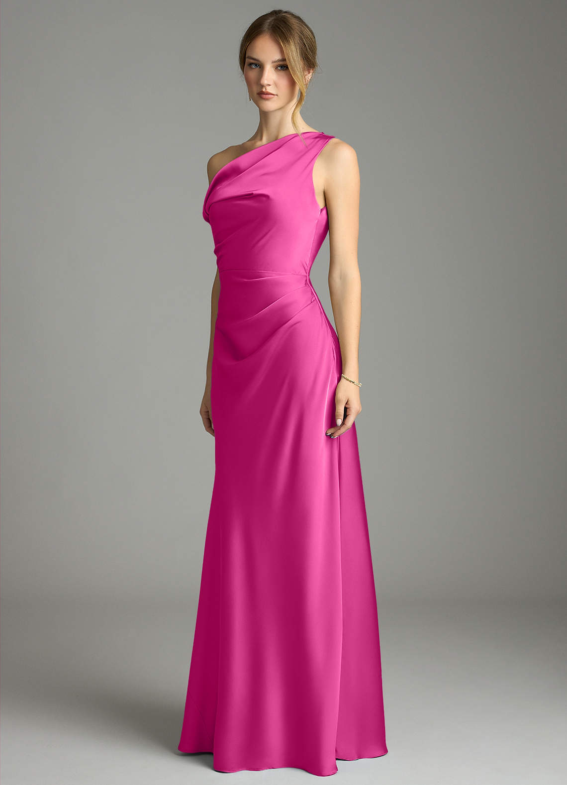 Emerson Mermaid One-Shoulder Stretch Satin Bridesmaid Dress in Fuchsia