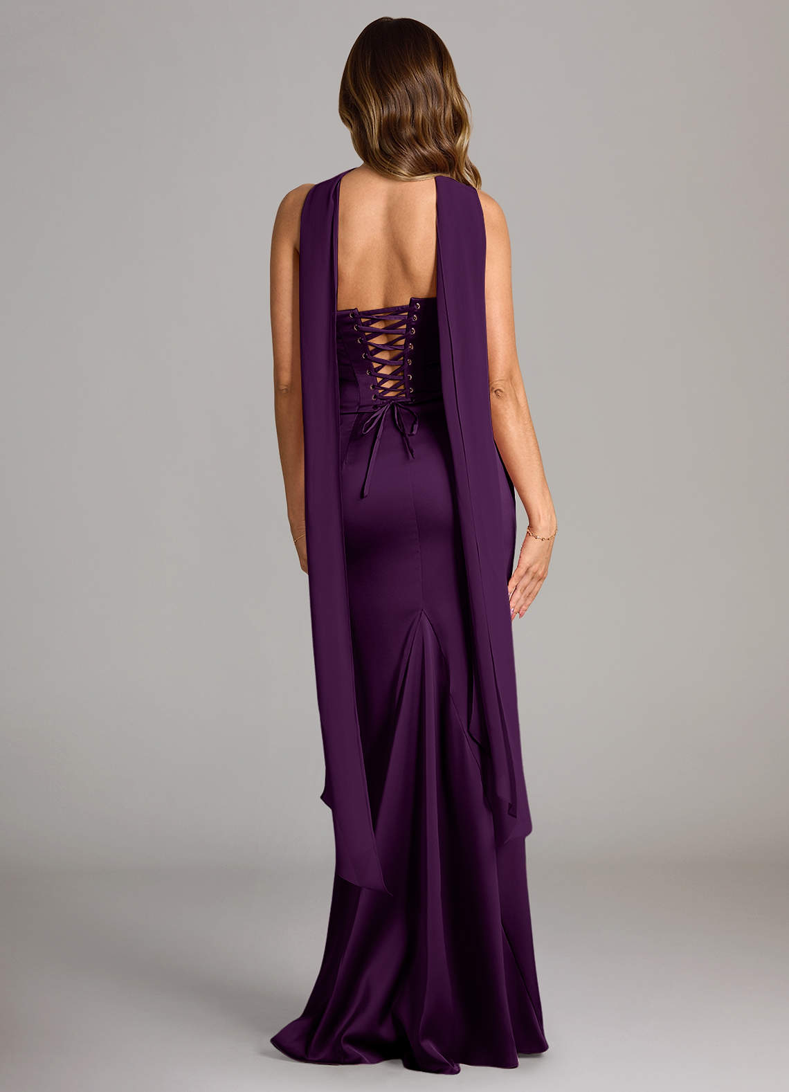 Sorrel Mermaid Cowl-Neck Stretch Satin and Chiffon Bridesmaid Dress in Grape