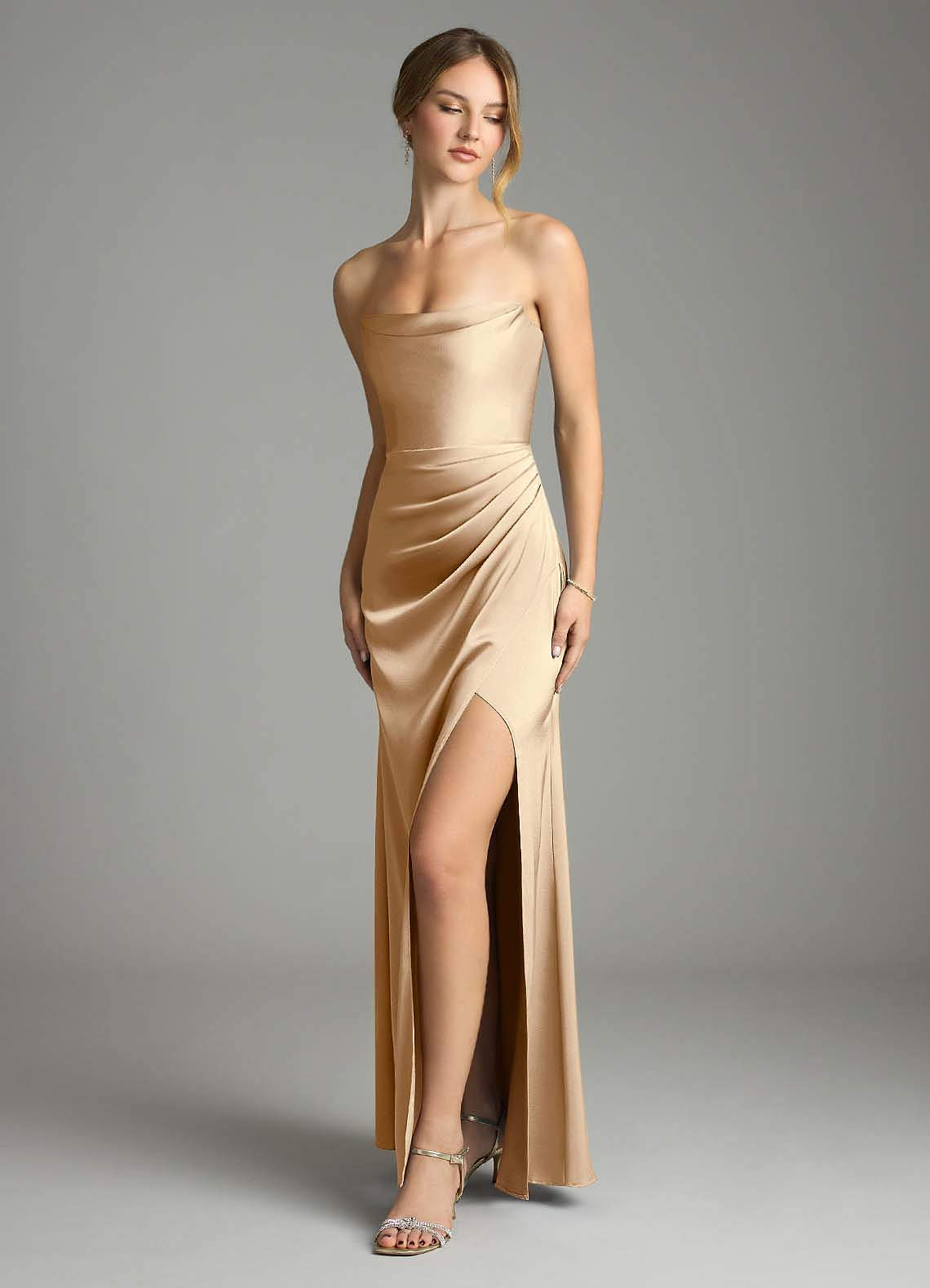 Leonis Mermaid Cowl-Neck Stretch Satin Bridesmaid Dress in Champagne