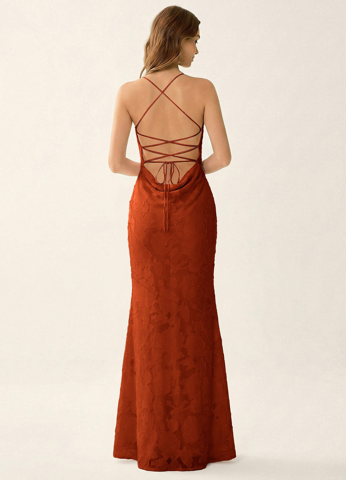 Natasha Mermaid Spaghetti-Strap Floral Burnout Evening Dress in Paprika