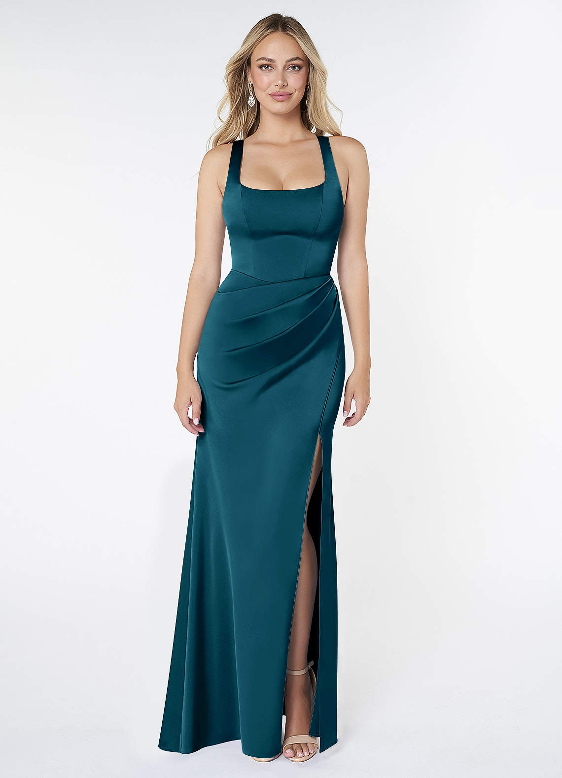 Mero Mermaid Square-Neck Stretch Satin Bridesmaid Dress in Ink Blue