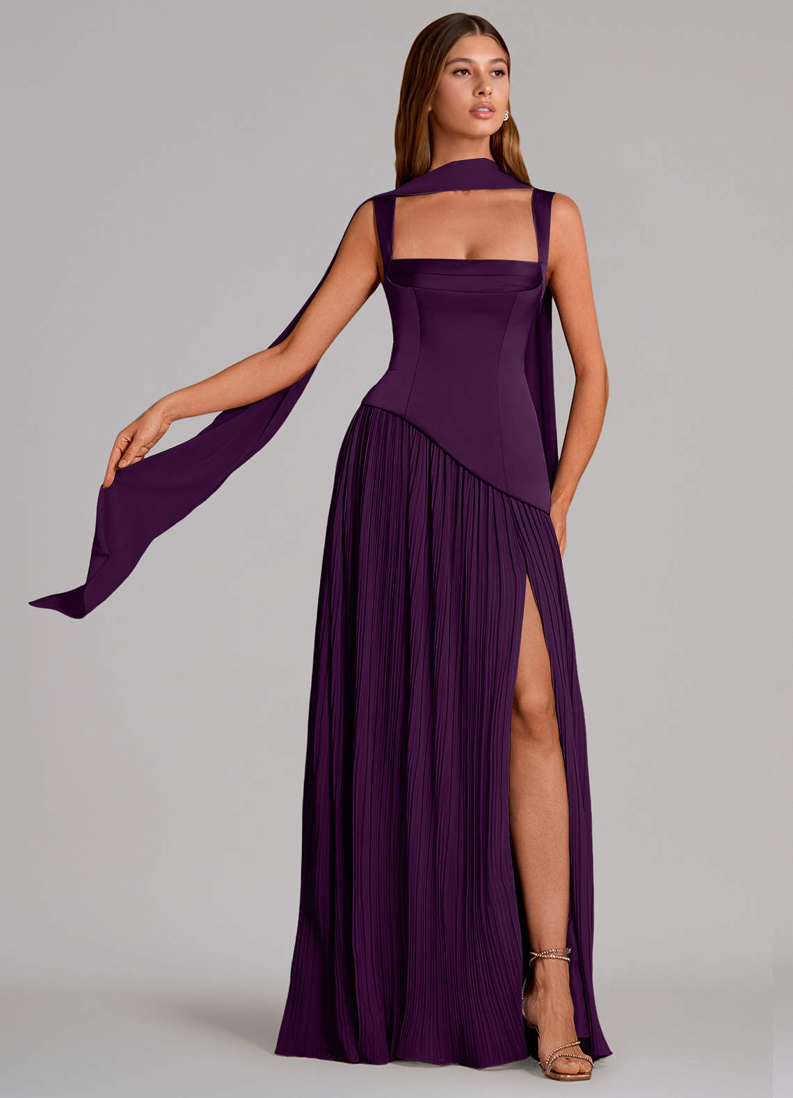 Stephanie A-Line Square-Neck Stretch Satin and Chiffon Bridesmaid Dress in Grape