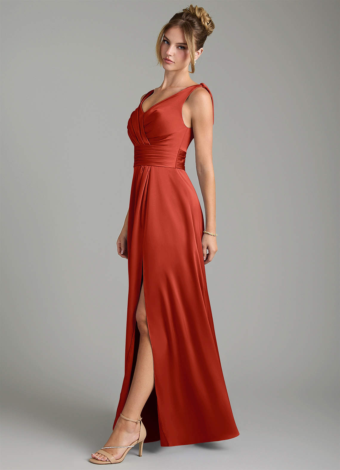 Karina A-Line V-Neck Stretch Satin Bridesmaid Dress in Rust