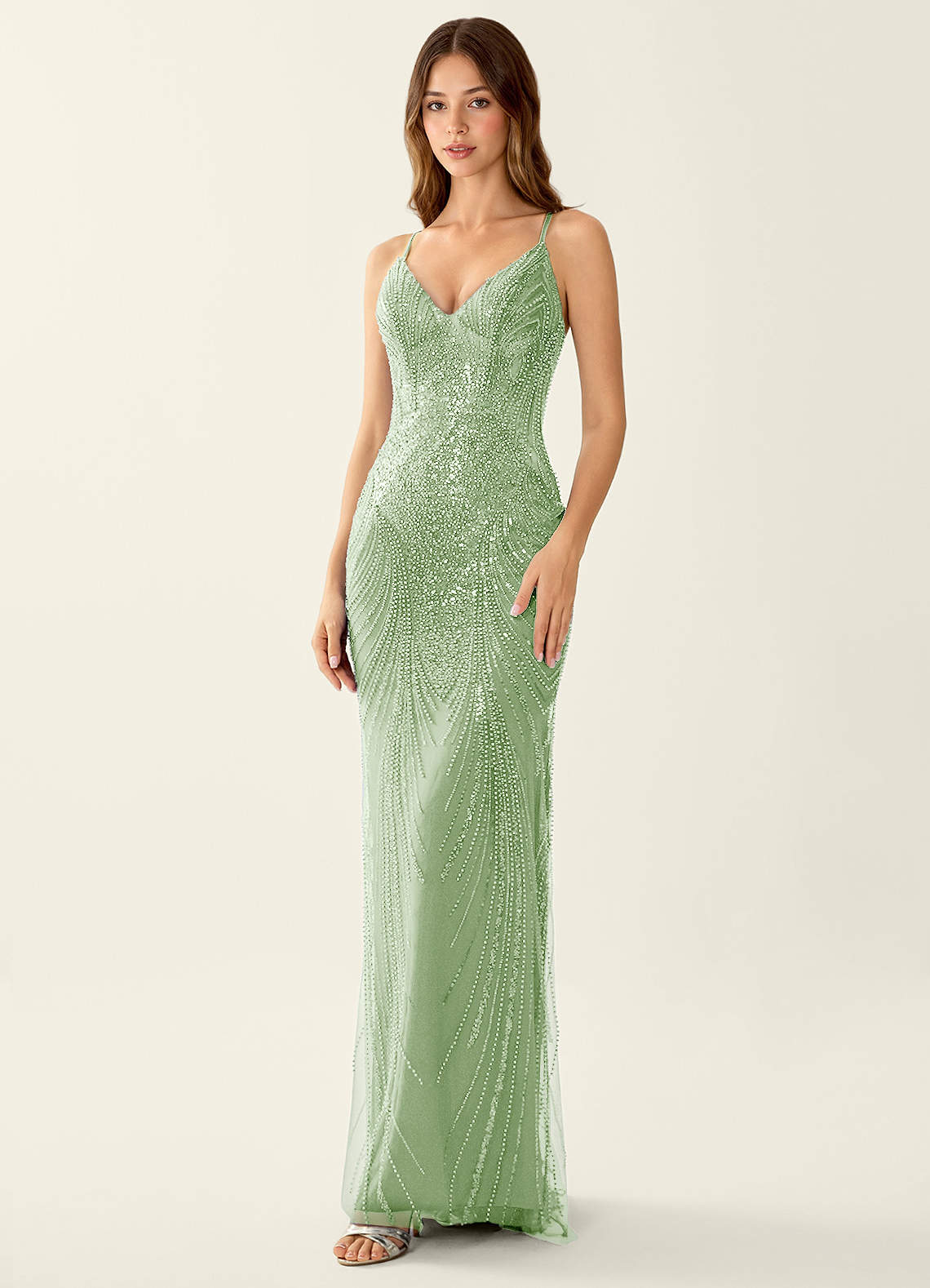 Magnolia Mermaid Beaded Sequined Stretch Mesh Evening Dress in Light Green