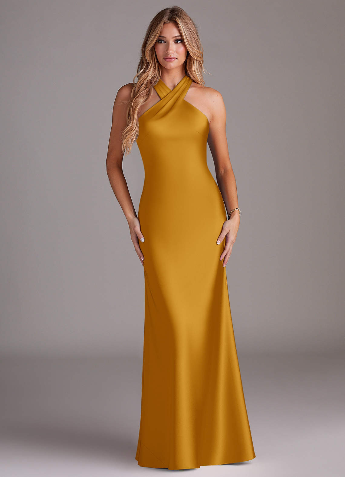 Doretta Mermaid Halter Stretch Satin Bridesmaid Dress in butterscotch