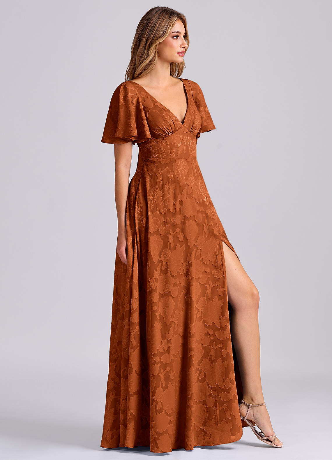 Kimber A-Line V-Neck Floral Burnout Bridesmaid Dress in Burnt Orange