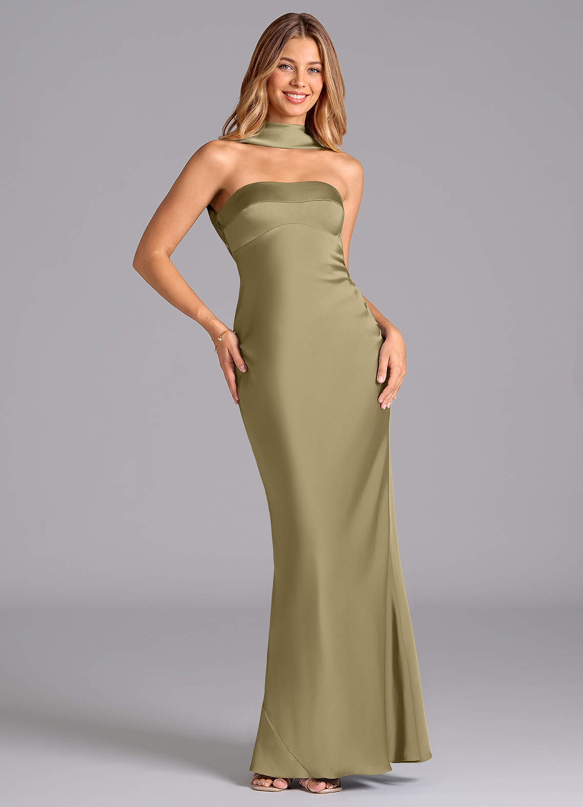 Lusinda Mermaid Strapless Stretch Satin Bridesmaid Dress in Moss Green