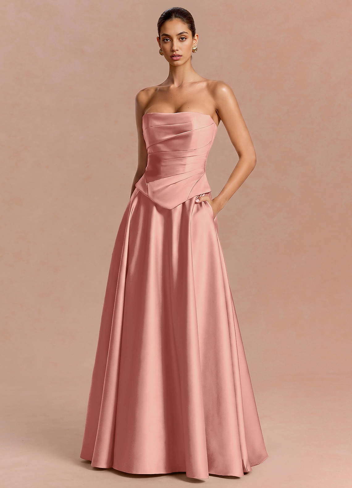Eponine A-Line Pleated Stretch Satin Evening Dress in Rosette