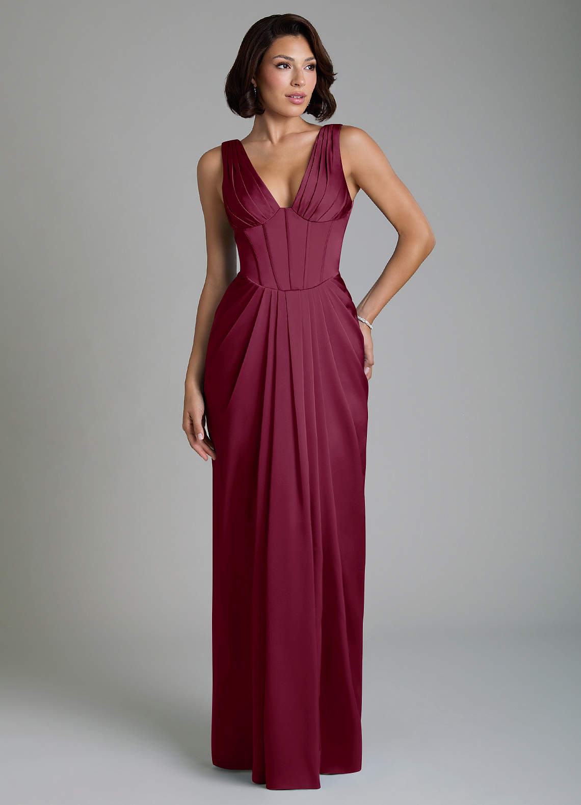 Vanya Sheath V-Neck Stretch Satin Bridesmaid Dress in Mulberry