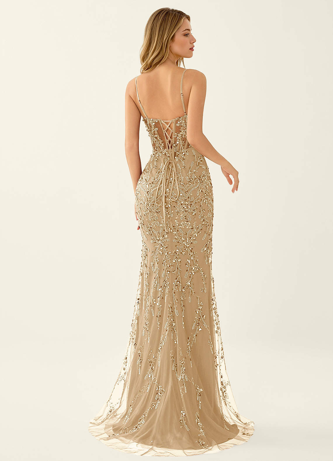 Zivah Mermaid V-Neck Beaded Stretch Mesh Evening Dress in champagne