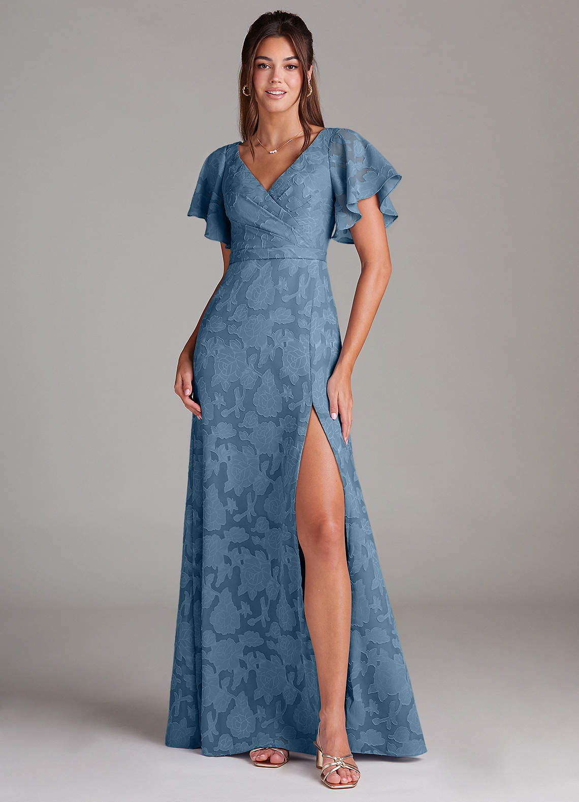 Ambrosia A-Line V-Neck Floral Burnout Bridesmaid Dress in Steel Blue