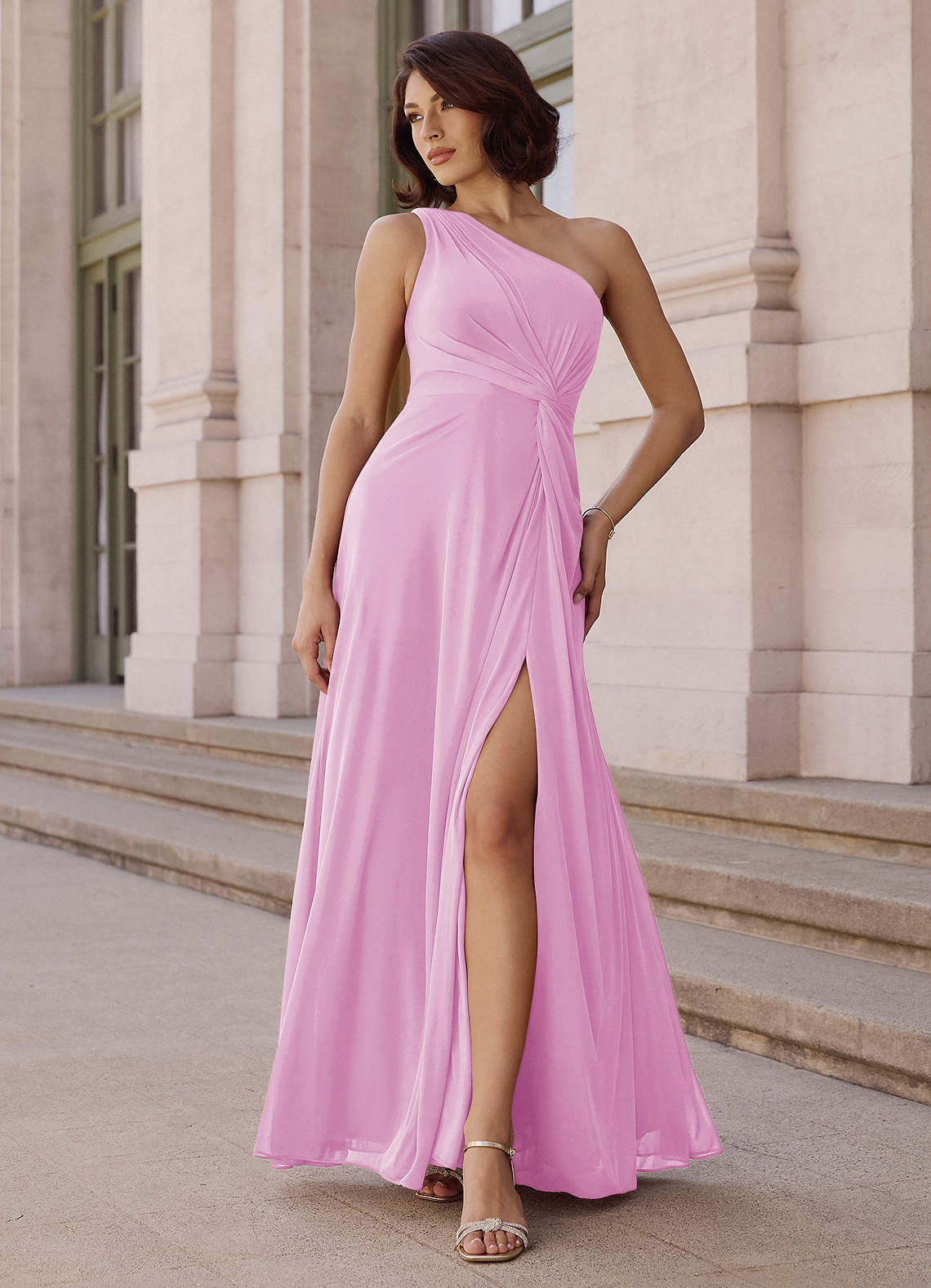 Brooke A-Line One-Shoulder Chiffon Bridesmaid Dress in candy pink