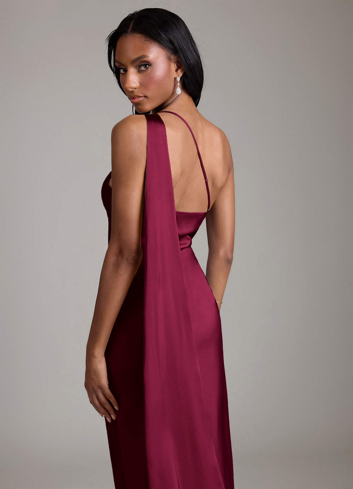 Juniper Mermaid One-Shoulder Stretch Satin Bridesmaid Dress in Burgundy