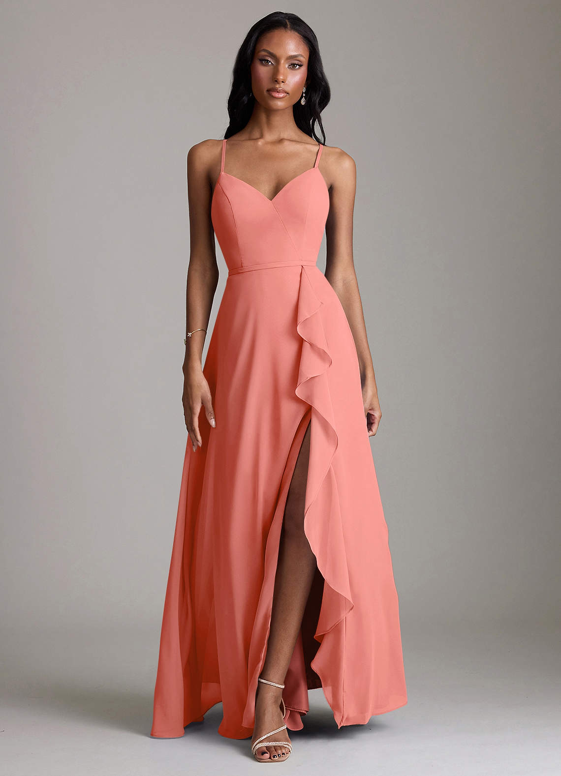 Naeem A-Line V-Neck Chiffon Bridesmaid Dress in Salmon Pink