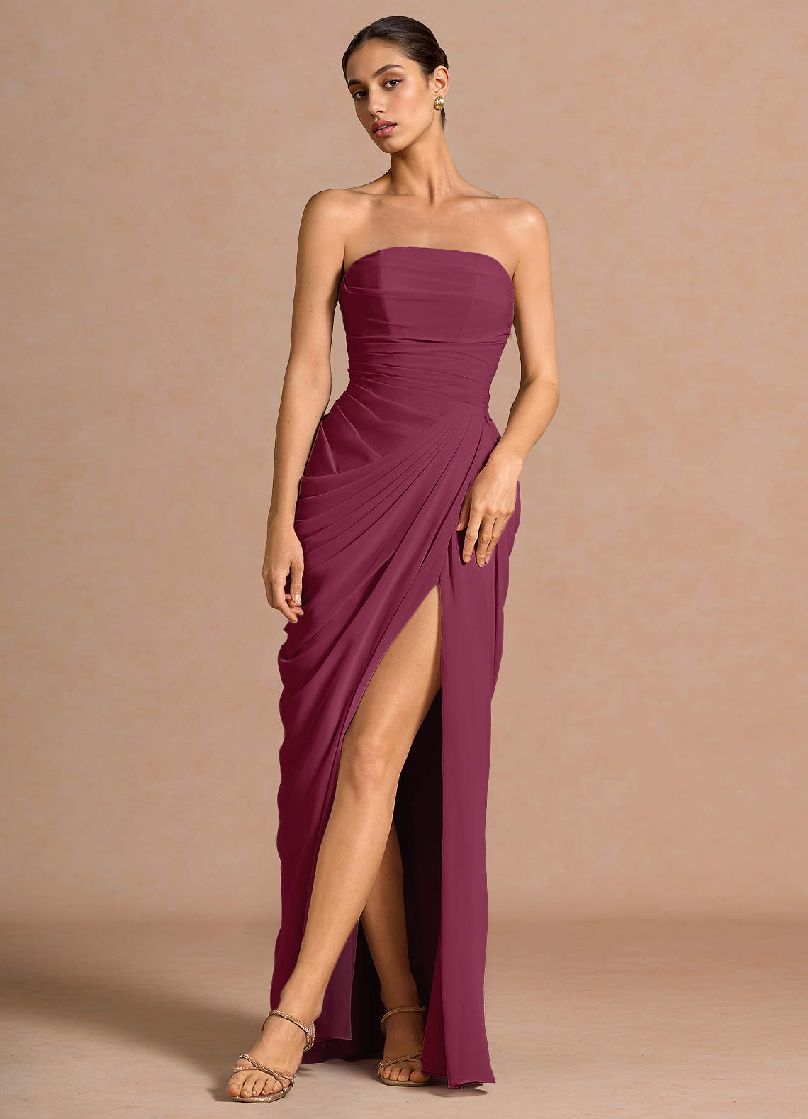 Kaavia Column Pleated Chiffon Maxi Evening Dress in Mulberry