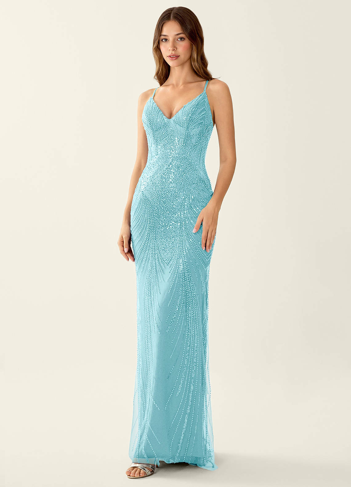 Magnolia Mermaid Beaded Sequined Stretch Mesh Evening Dress in Sky Blue