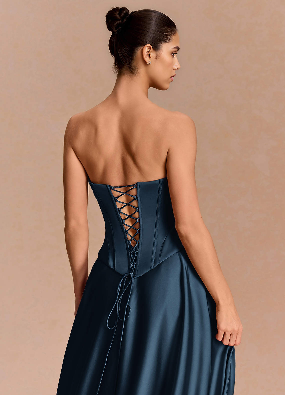Eponine A-Line Pleated Stretch Satin Evening Dress in Navy