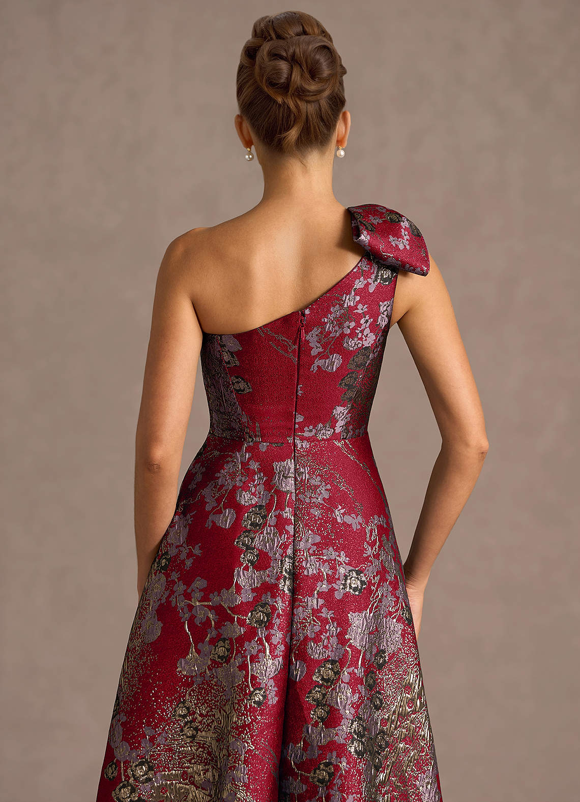 Jonelle A-Line One-Shoulder Metallic Jacquard Evening Dress in Merlot
