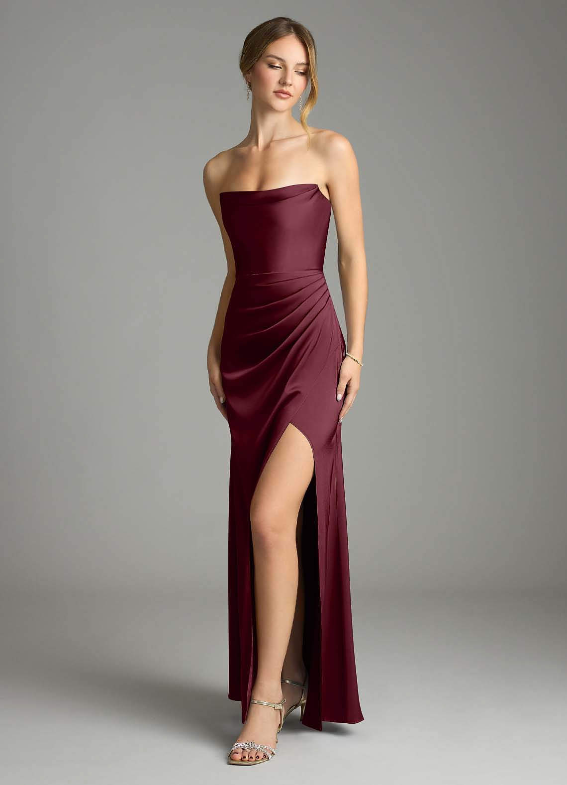 Leonis Mermaid Cowl-Neck Stretch Satin Bridesmaid Dress in Cabernet