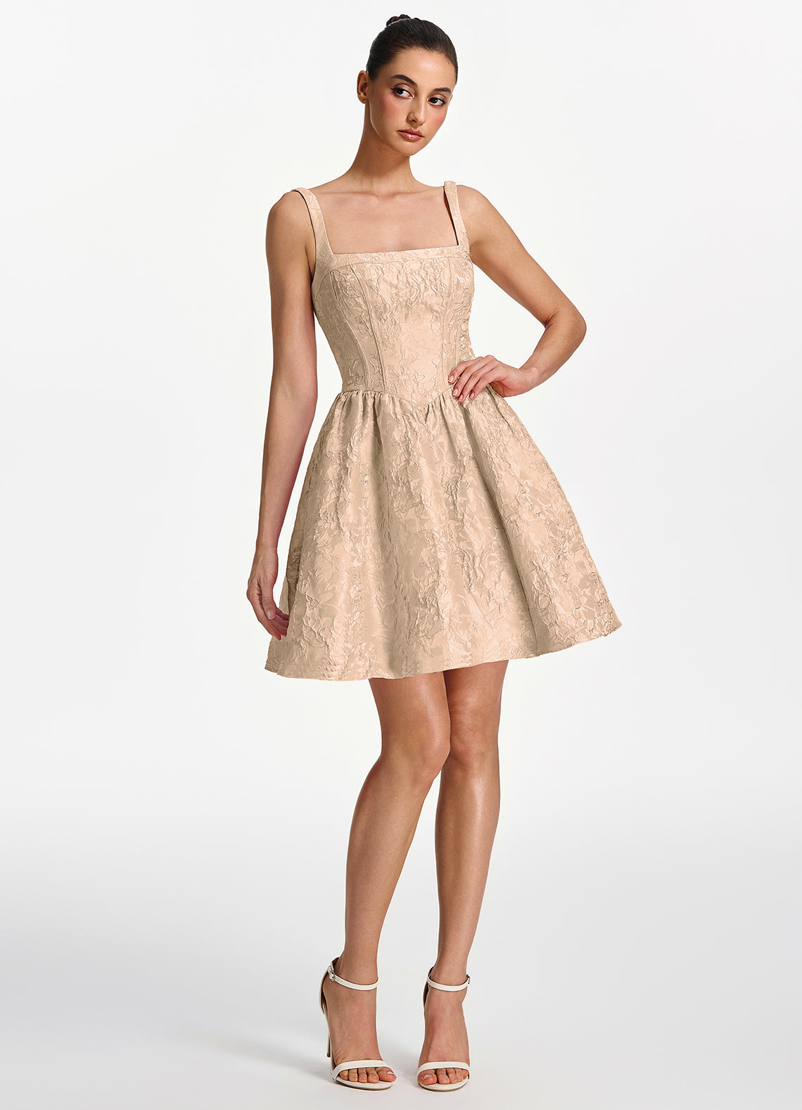 Lionelle Skater Mini Square-Neck Jacquard Prom Dress in Champagne - photo 5