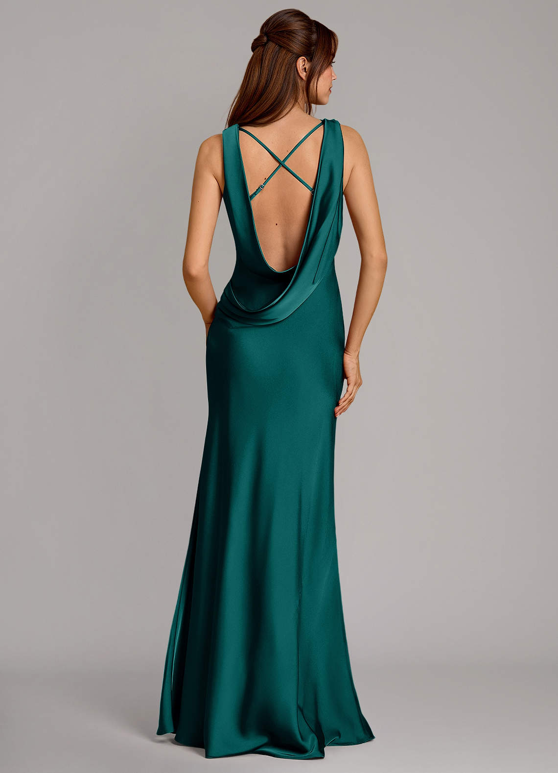Cheryl Mermaid Cowl-Neck Stretch Satin Bridesmaid Dress in Peacock