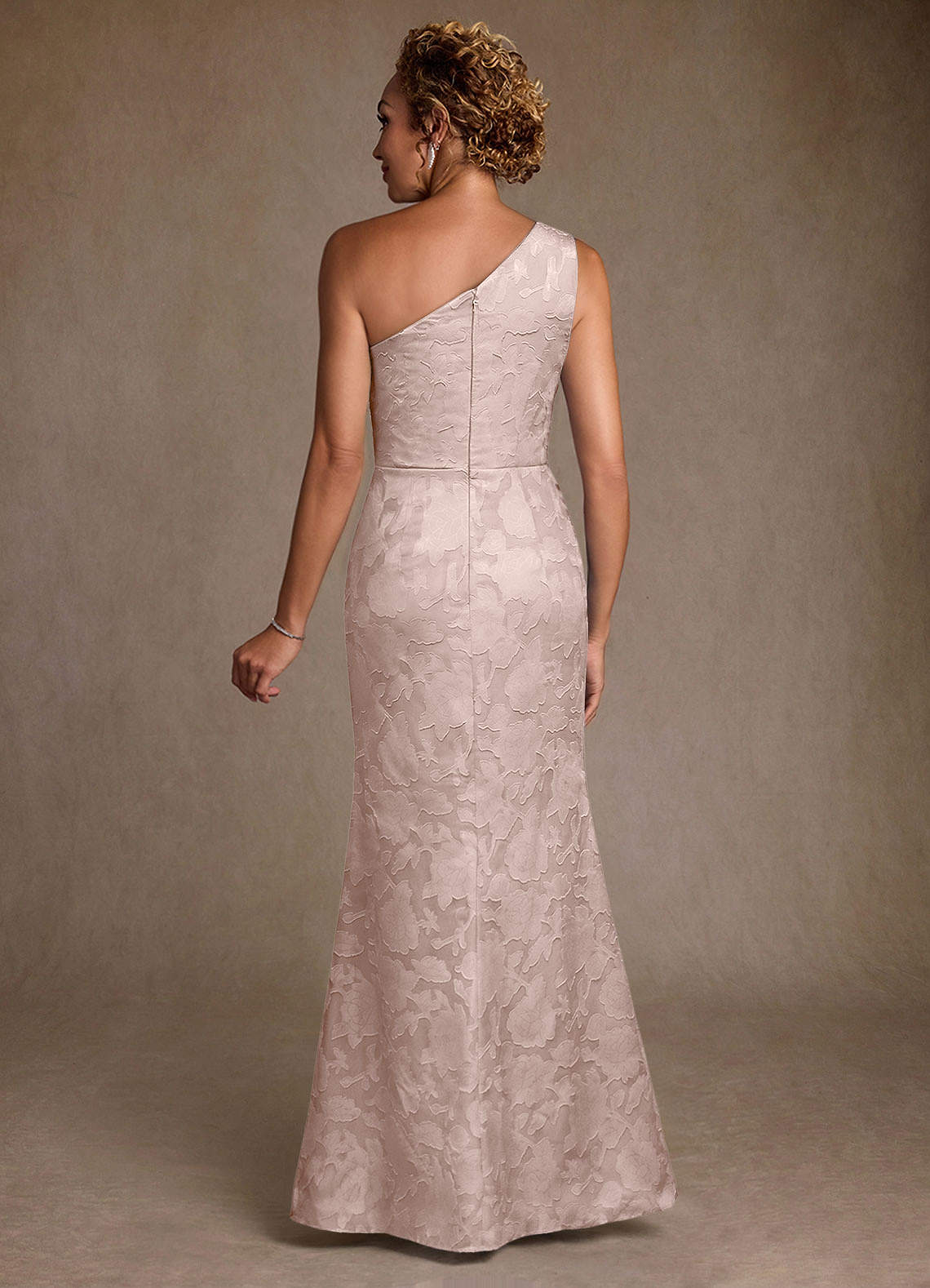 Joylin Trumpet One-Shoulder Floral Burnout Mother of the Bride Dress in Blushing Pink