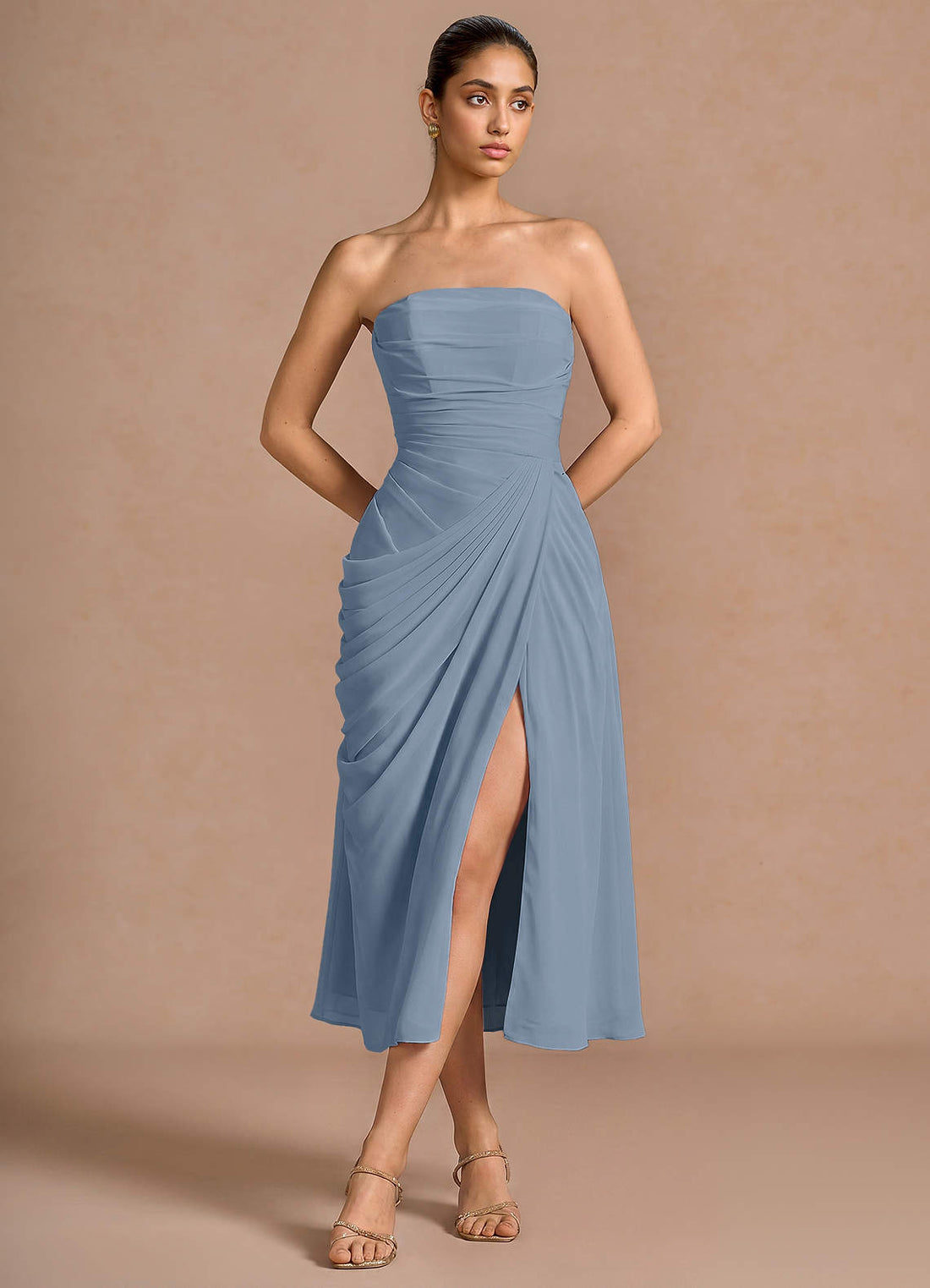 Kaavia Column Pleated Chiffon Midi Evening Dress in Dusty Blue