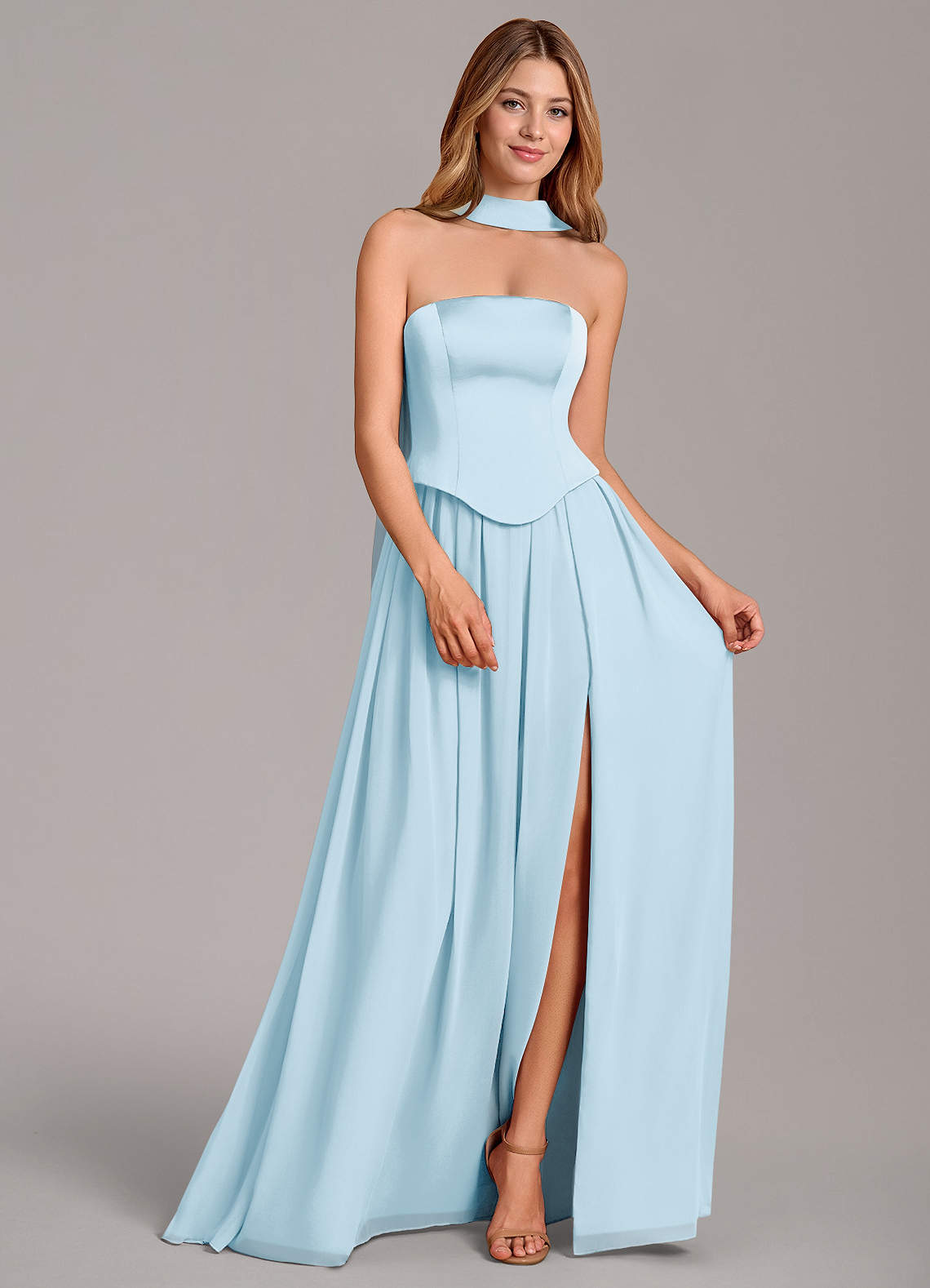 Cadence A-Line Strapless Chiffon and Stretch Satin Bridesmaid Dress in Sky Blue