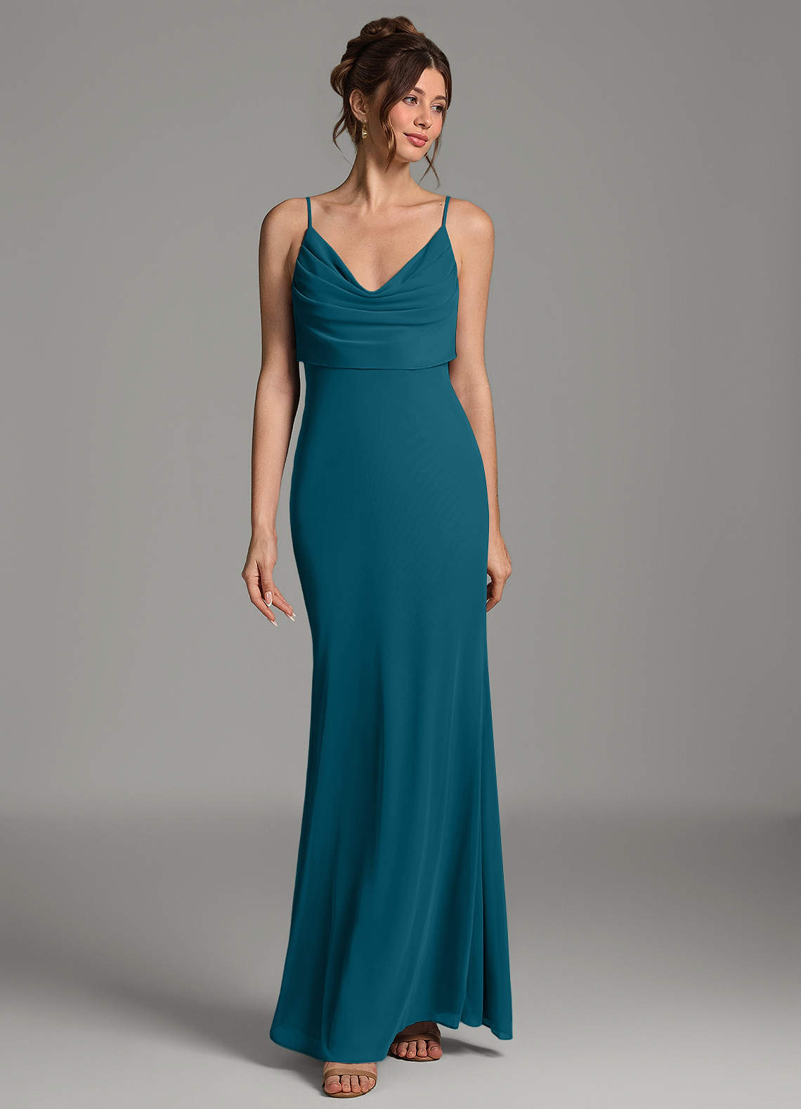 Zari Mermaid Cowl-Neck Mesh Bridesmaid Dress in Ink Blue