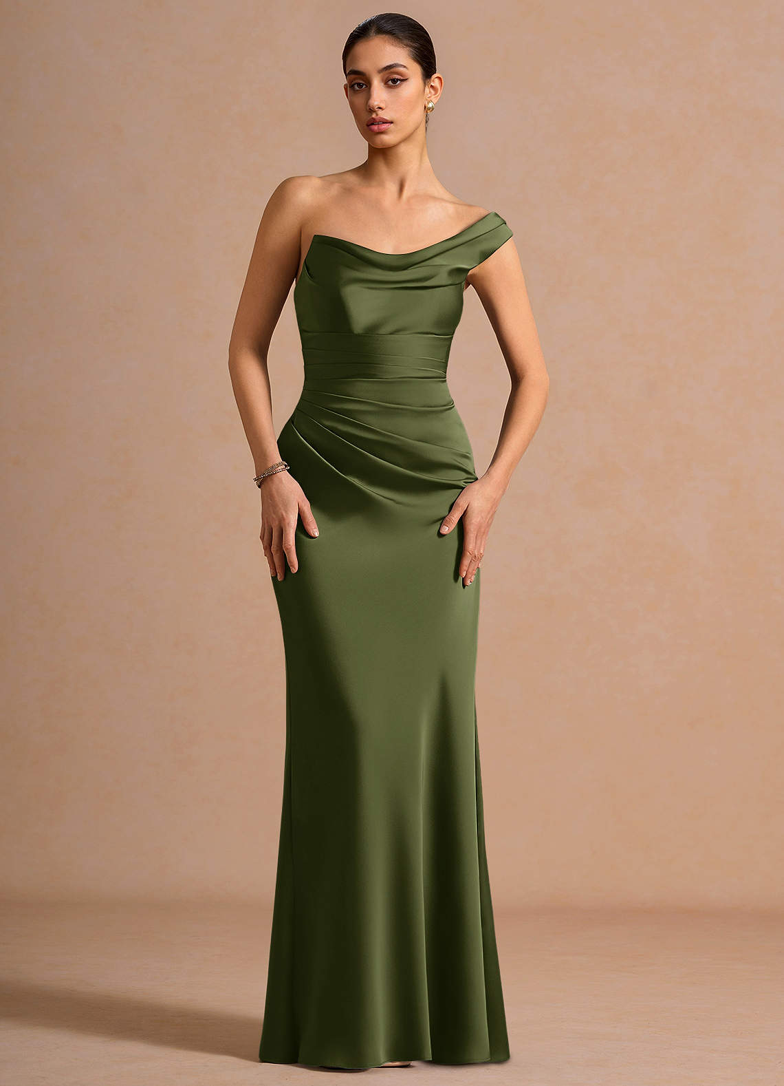 Cassiopeia One-Shoulder Draped Stretch Satin Evening Dress in Olive
