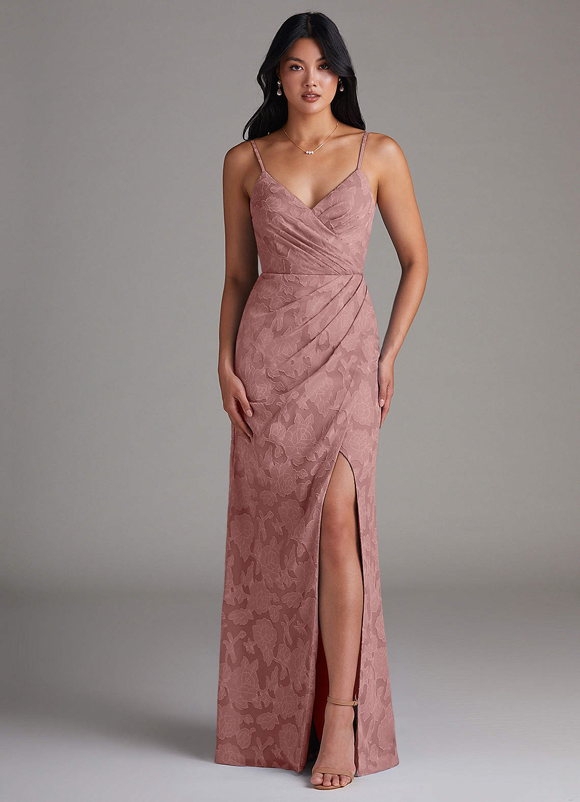 Maci Sheath V-Neck Floral Burnout Bridesmaid Dress in dusty rose