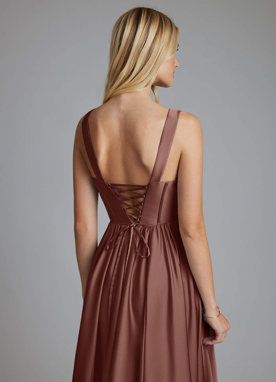 Delmie A-Line V-Neck Stretch Satin Bridesmaid Dress in Espresso