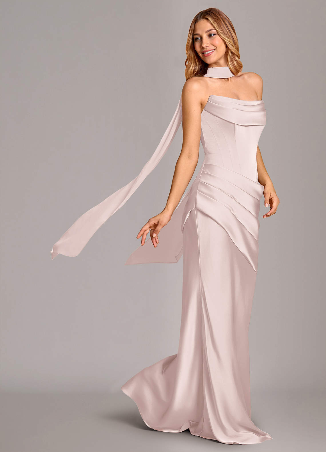 Pelagia Mermaid Cowl-Neck Stretch Satin Bridesmaid Dress in Blushing Pink
