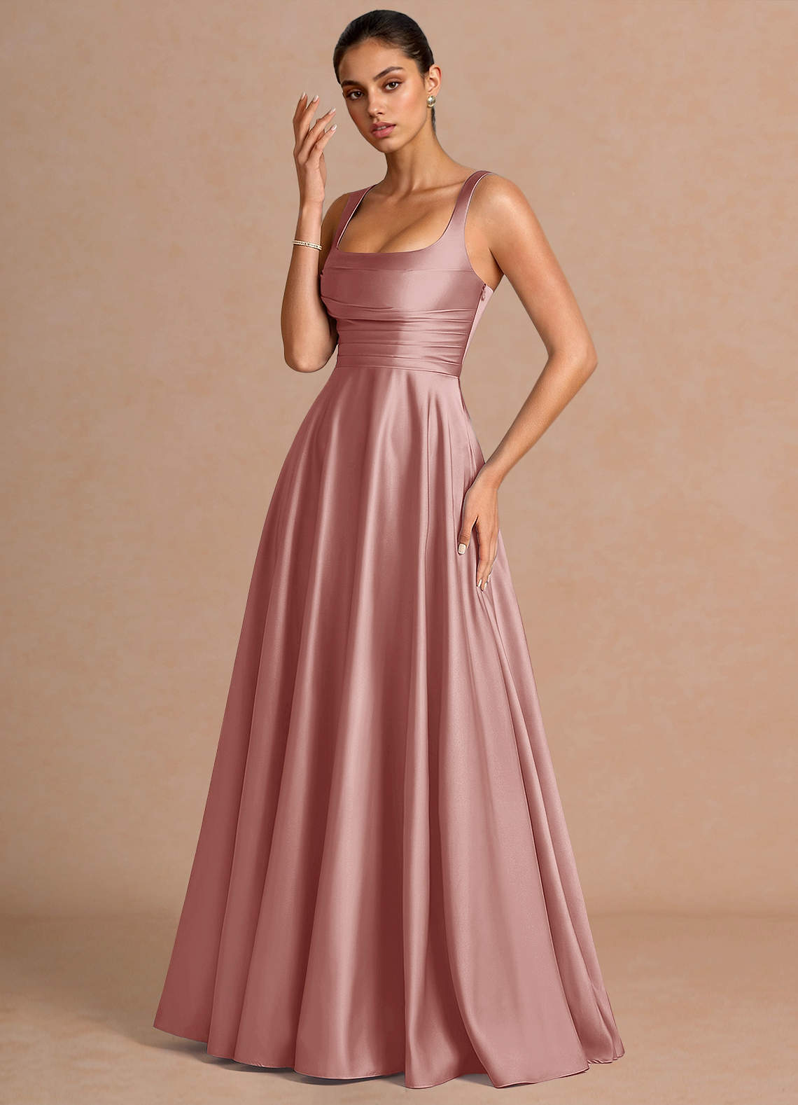 Azaria A-Line Square-Neck Stretch Satin Wedding Guest Dress in Dusty Pink